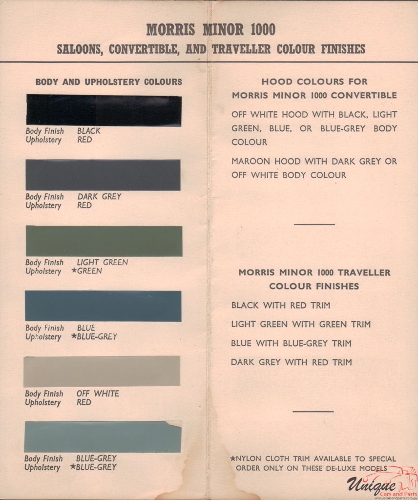 1960 Morris Minor 1000 Corporate Paint Charts 1